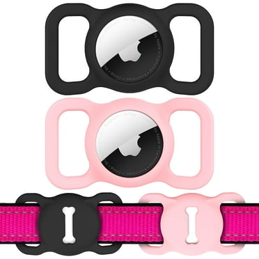 [2 Pack]Airtag Dog Collar Holder, Air Tag Protective Cat Airtag Dog Collar,Silicone AirTags GPS Tracking Accessories,Air Tags with Bone Pattern(Black/Pink)