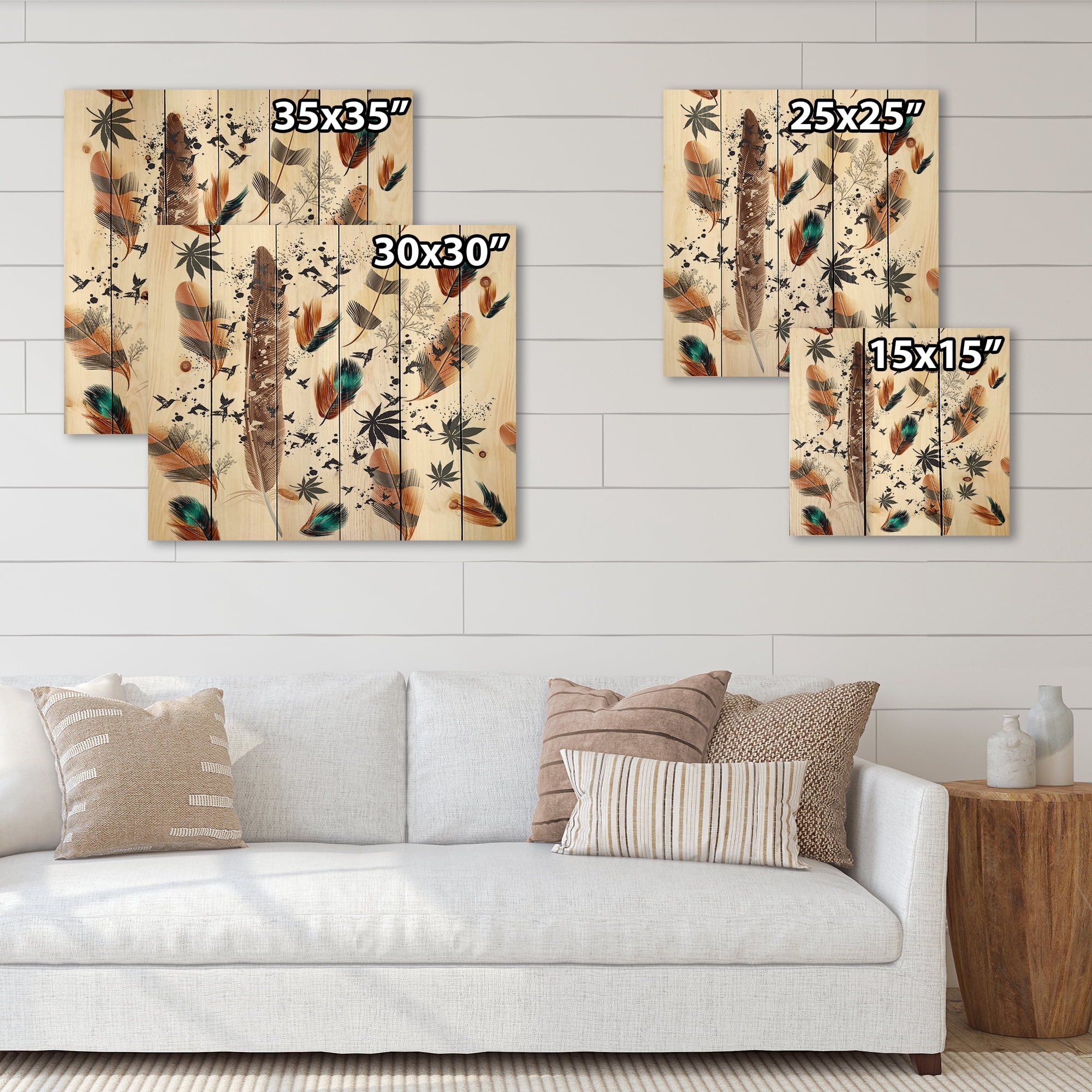 Designart 'Multicolored Feather Pattern With Floral' Bohemian & Eclectic Print on Natural Pine Wood