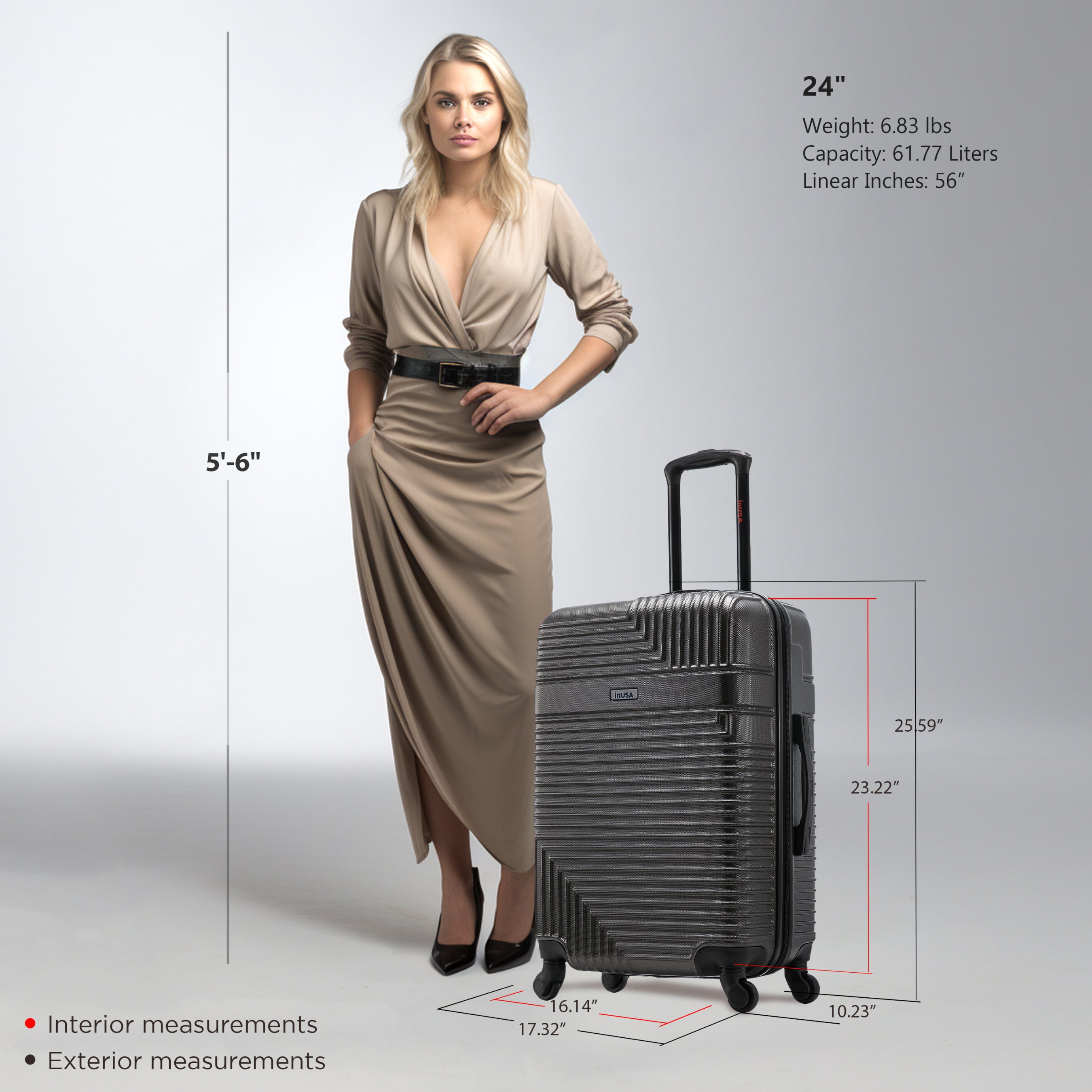 InUSA Resilience 24" Hardside Lightweight Luggage with Spinner Wheels, Handle, and Trolley, Charcoal