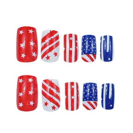 FEOLGEHLY 24Pcs Press On Nails Medium Oval American Flag Star Stripe Independence Day Plastic False Nail Tips with Jelly Glue and Nail File for Holiday DIY Nail Art Manicure