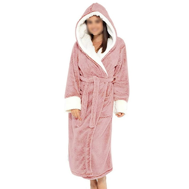 Fashnice Women Sleepwear Long Sleeve Sherpa Robes Solid Color Fuzzy Plush Bathrobe Warm Sleeping Fleece Robe Pink M