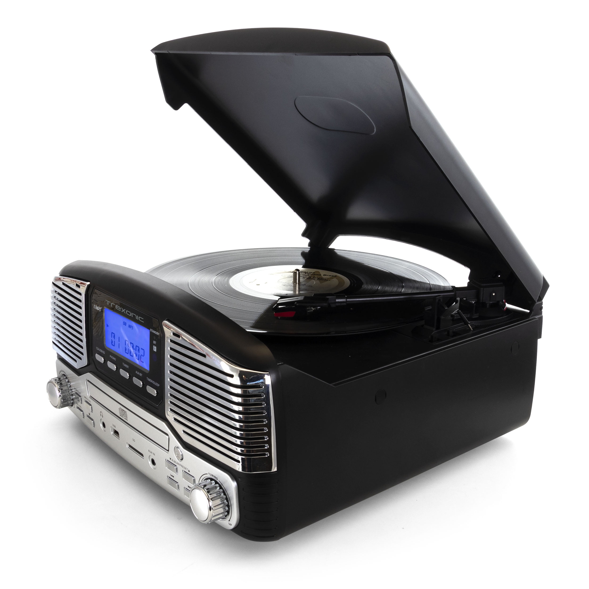 Trexonic Retro Record Player with Bluetooth, CD Players and 3-speed Turntable in black