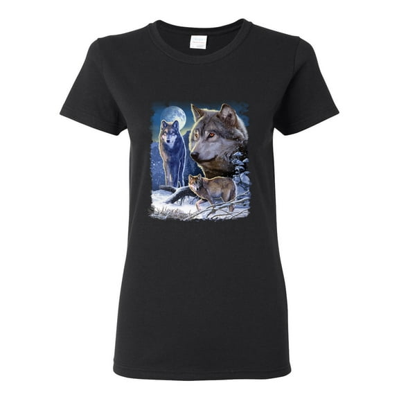 Wolves and the Moon in the Winter Night | Womens Animal Lover Graphic T-Shirt, Black, Small