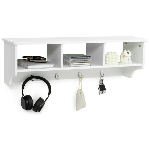 Costway Wooden Wall Mounted Coat Rack Hanging Cubby Organizer Storage Shelf with Hooks White