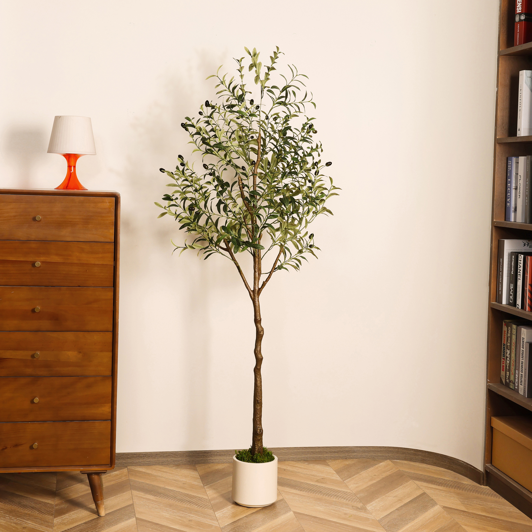 Artificial Olive Trees, 7 ft Tall Fake Olive Trees for Indoor, Faux Olive Silk Tree, Large Olive Plants with White Planter for Home Decor and Housewarming Gift, 1 Pack