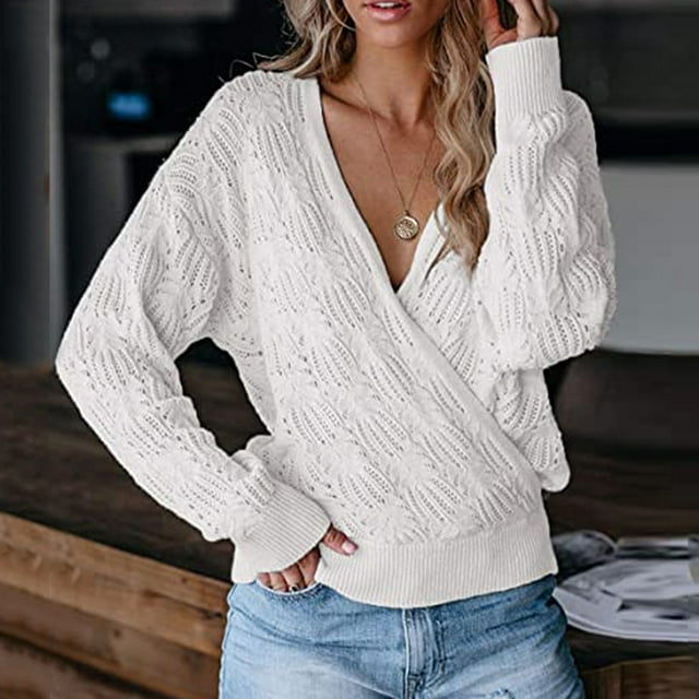 RKSTN Sweaters for Women Deep V-neck Wrap Sweater Long-sleeved Crochet Pullover Fall Sweaters