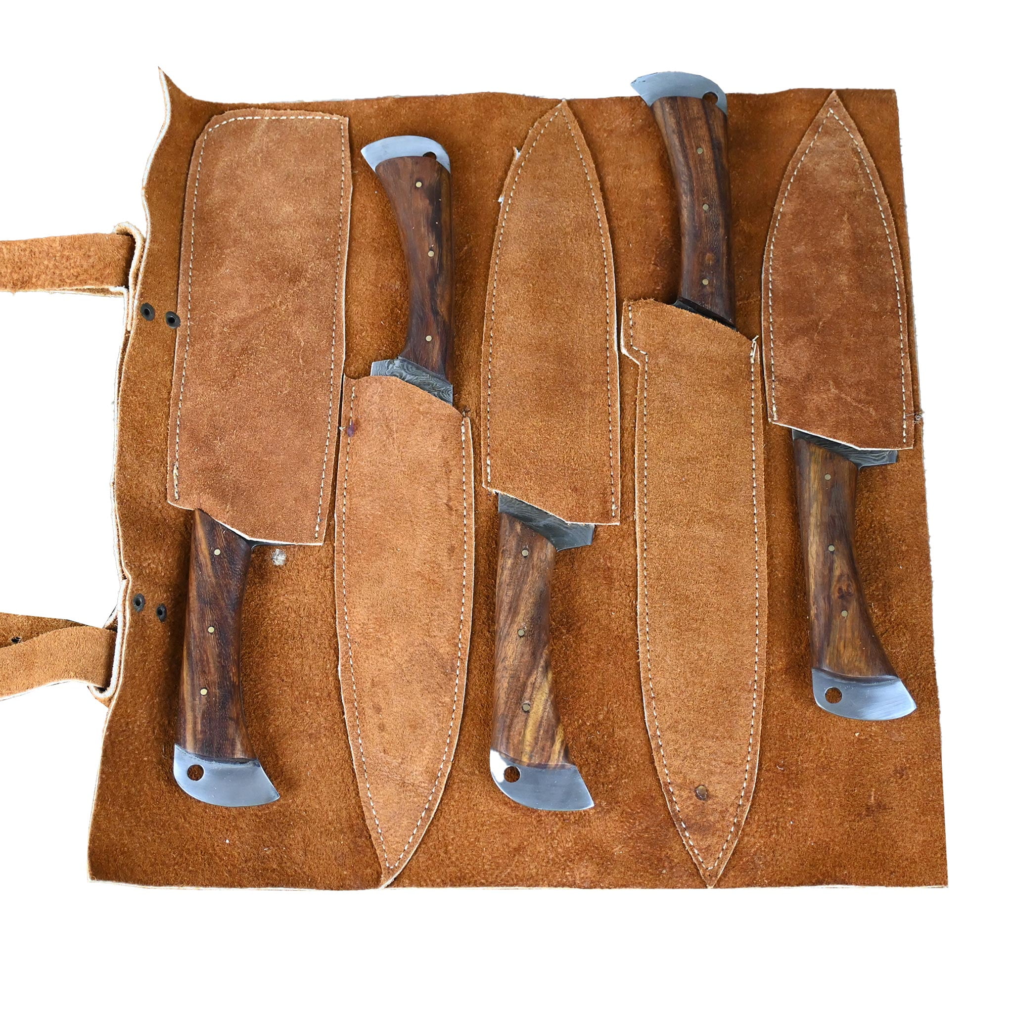 Damascus Chef Knife Set 5 Piece, Hand Forged High Carbon Steel Kitchen Knives, Full Tang with Rosewood Handles