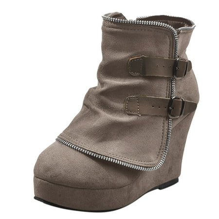 

Puawkoer Toe Keep Color Solid Round Buckle Short Women Booties Shoes Wedges Strap Warm Retro women s boots