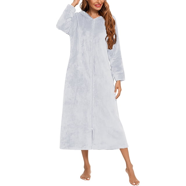 WRKEKC Robes for Women Solid Color Long Sleeve Fall Winter Flannel Open Front Hooded Zip Robe Womens Casual Bathrobe