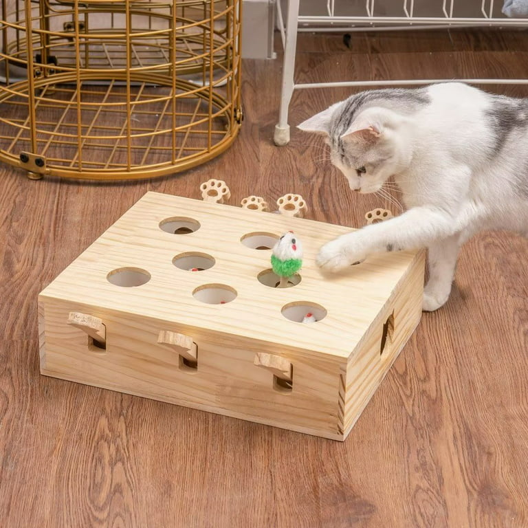 kathson Cat Enrichment Toys for Indoor Cats, Solid Wood Kitten Whack A Mole  Interactive Box Catch Mice Game Cat Puzzle Toy for All Ages Cats Kittens