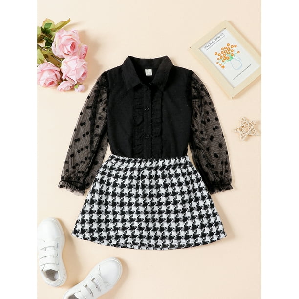 xiaxaixu Girls Skirt Outfits Sheer Mesh Button Down Shirt and Houndstooth  Mini Skirt Set 2 Piece Autumn Clothes for Party 
