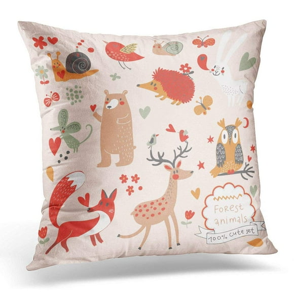 EREHome Cartoon of Cute Wild Animals in The Forest Bear Fox Hedgehog Rabbit Snail Deer Owl Bird Mouse Vintage Pillows case 20x20 Inches Home Decor Sofa Cushion Cover