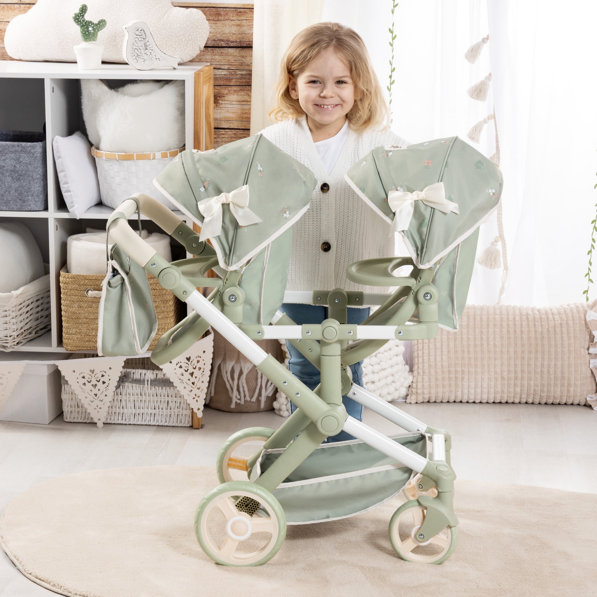 Bayer Design: Doll Pram Xeo Twin - Green & Flowers - Push Stroller, Adjustable Seats & Handle, Foldable, Handbag, Toy Seats 2 Dolls Up To 18", Kids 3+