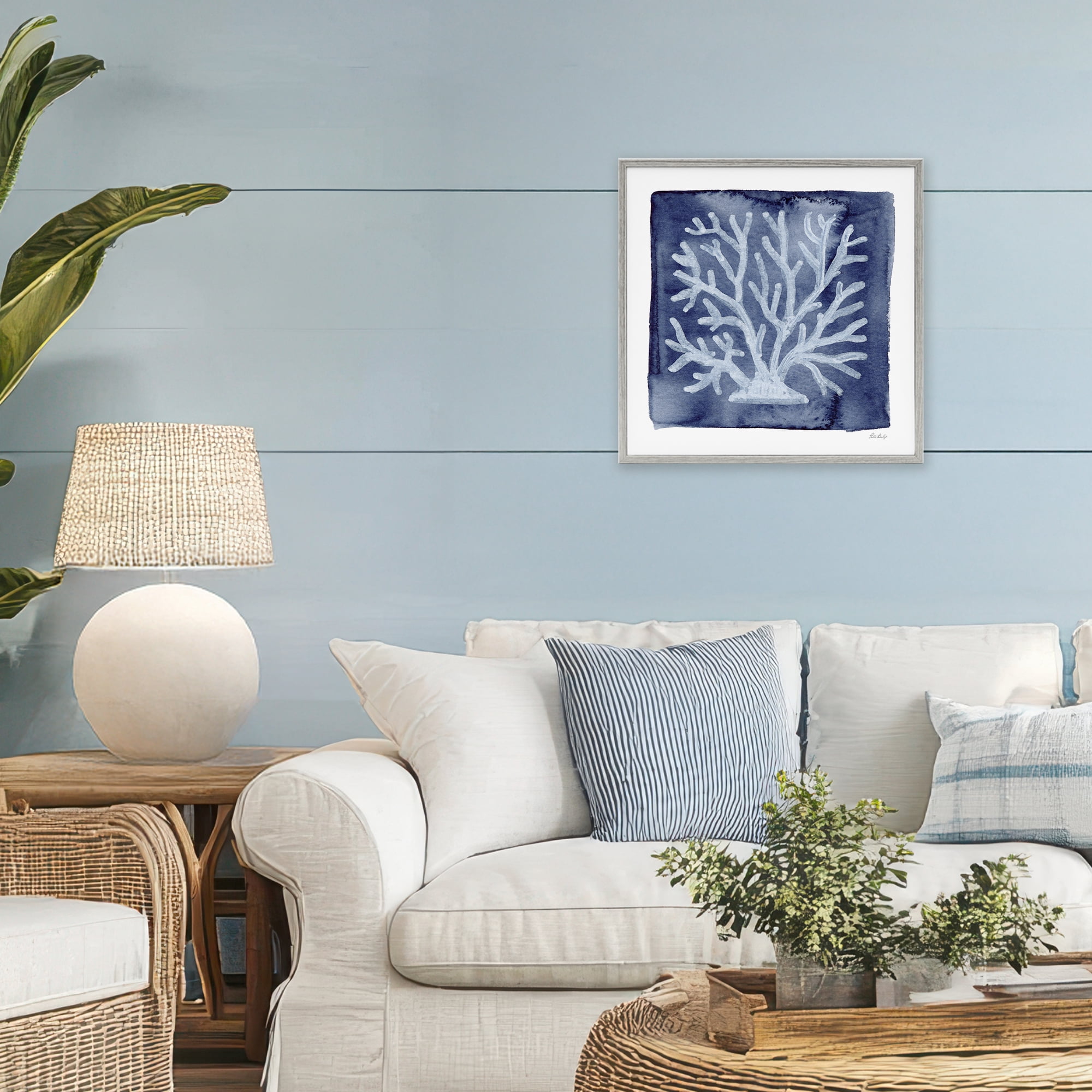 Stupell Industries White Coral on Indigo Gray Framed Giclee Art, design by Patti Bishop