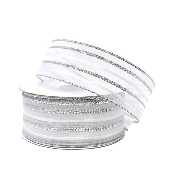 Metallic Stripe Sheer Wired Ribbon, Silver, 1-1/2-Inch, 25-Yard
