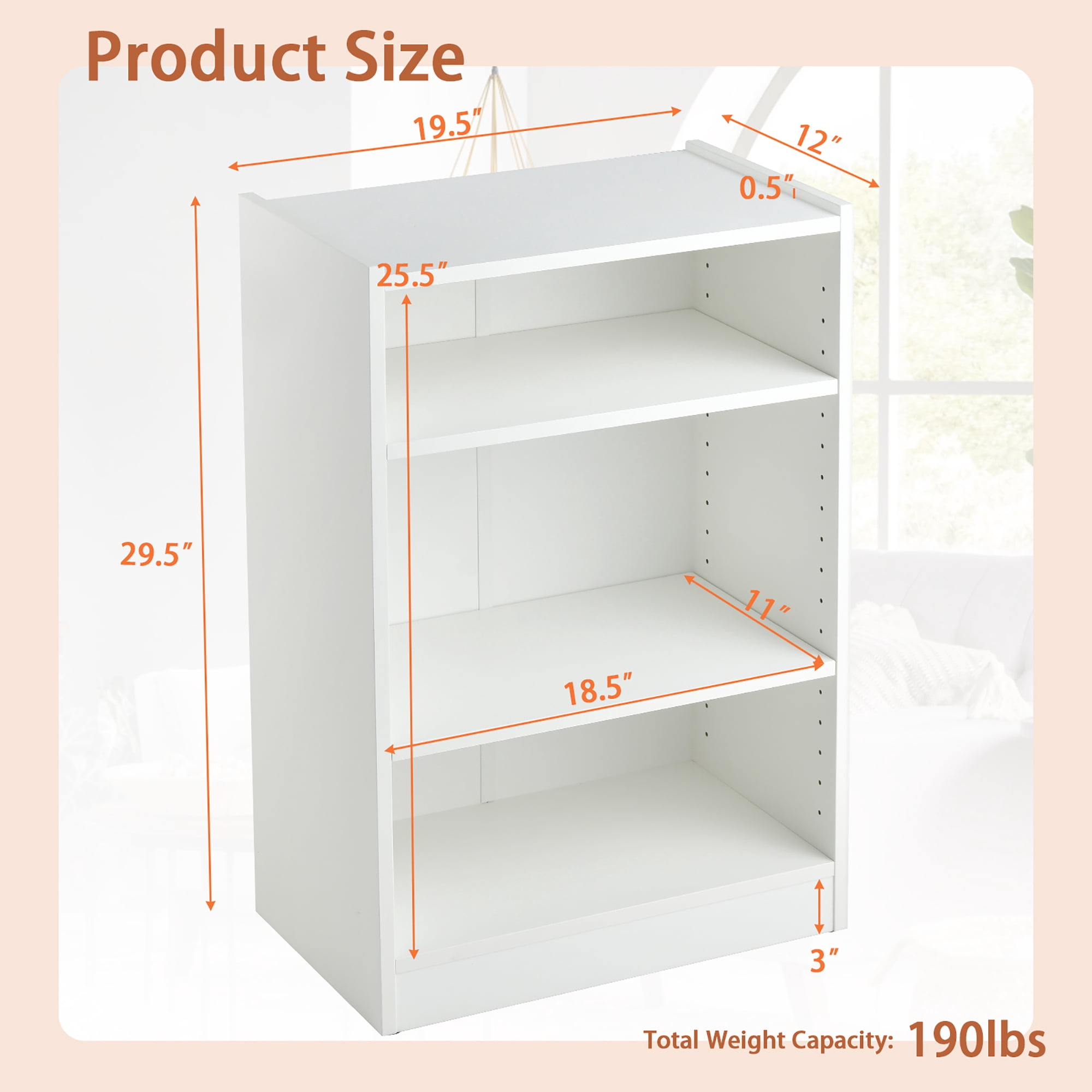 Costway 3-Tier Bookcase Open Multipurpose Display Rack Cabinet with Adjustable Shelves White