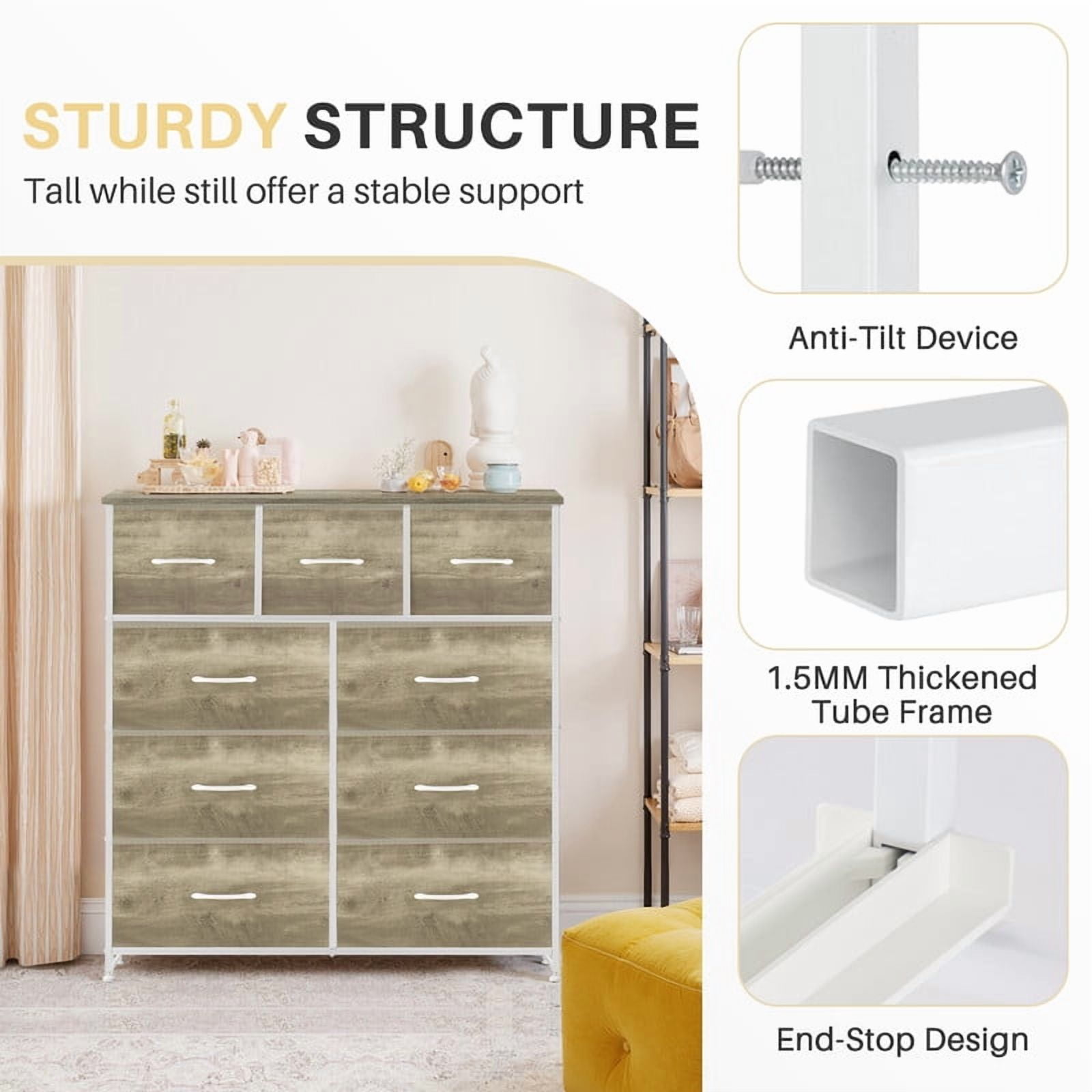 Bigleap 9 Drawers Dresser for Bedroom, Fabric Dresser with Sturdy Steel Frame, Wooden Top & Easy Pull Fabric Bins,Oak