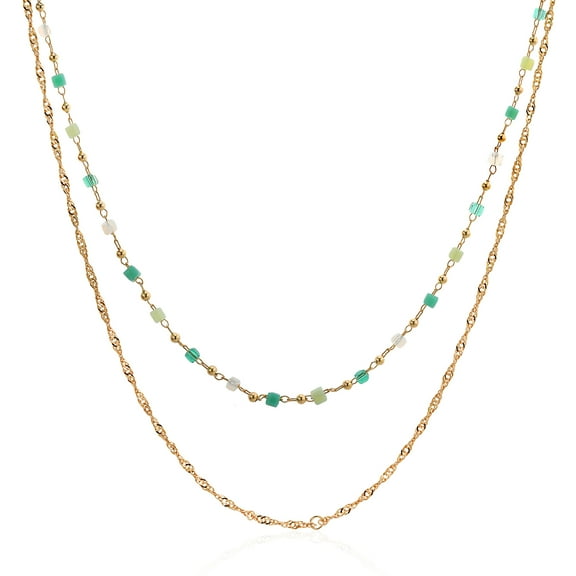 Gem Stone King 18K Yellow Gold Plated Double Layering Beaded Chain Necklace for Women (Adjustable up to 18 inch, with Lobster Clasp)