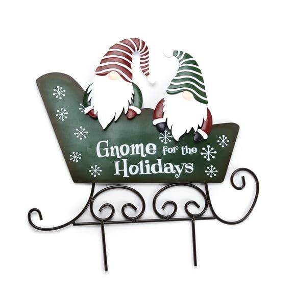 Metal Sleigh and Gnomes Decorative Garden Stake - Christmas Yard Accent