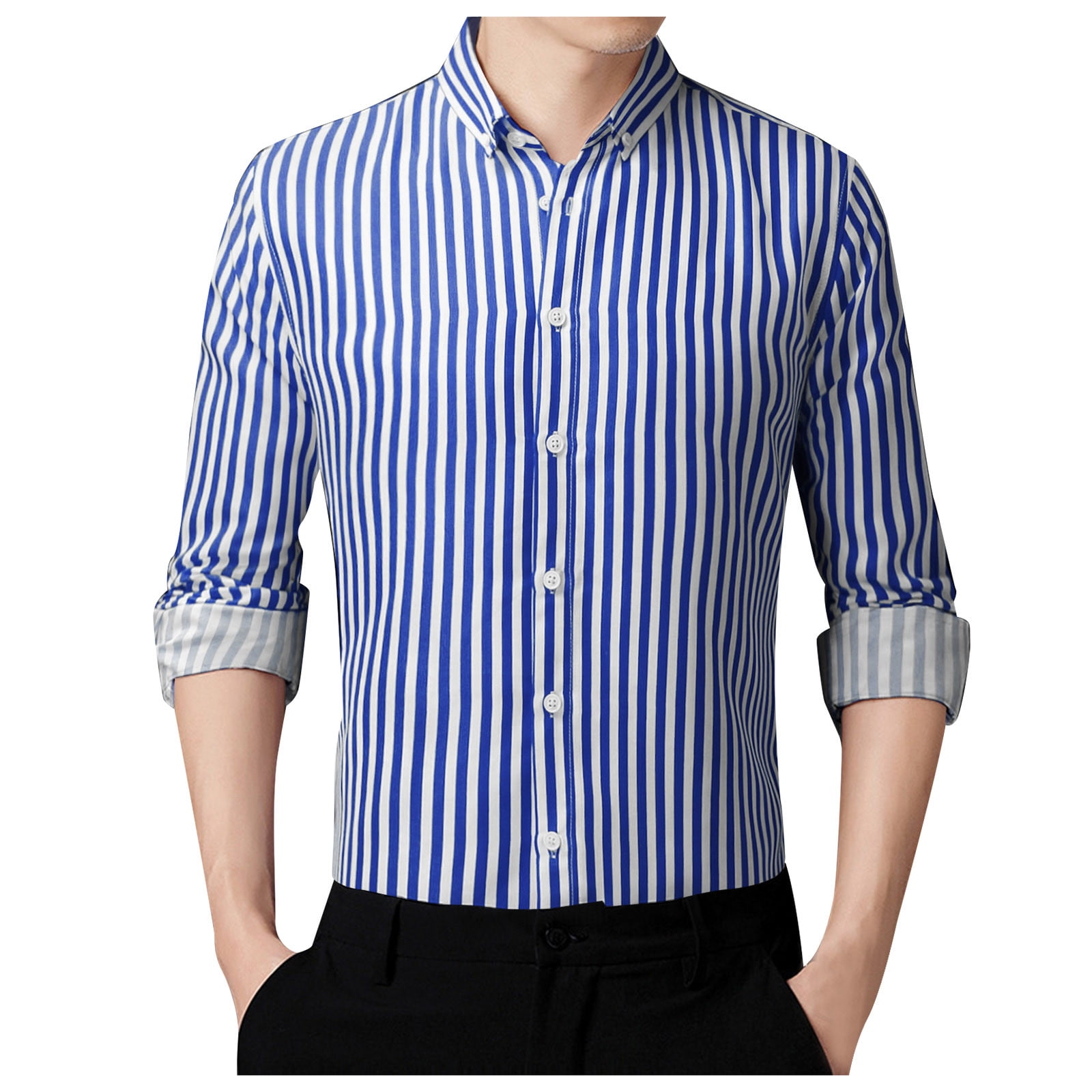PMUYBHF T-Shirts pour Hommes Manches Longues Mode Décontractée Simplicité Coréenne Slim Rayé Col à Revers Chemise Manches Longues