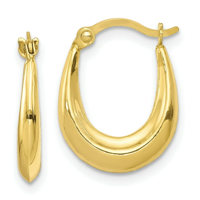 Boucles d'Oreilles Créoles en or Jaune 10k Ovales avec une Finition Polie et un design de Style Crevette. Ces Boucles d'Oreilles pour Femmes Mesurent 15 mm de Longueur et 12 mm de Largeur, avec Fermeture à Fil et Pochette pour un Port Sécurisé. Fabriquées en or Jaune 10k de Qualité Supérieure, Elles Sont Hypoallergéniques et Idéales comme Cadeau de Bijoux Fins pour des occasions comme les Anniversaires, les Anniversaires de Mariage Ou la Saint-Valentin. les Boucles d'Oreilles Sont Présentées dans un Emballage Cadeau Élégant.