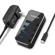 RSHTECH USB C Hub Powered 4 Port USB Splitter Portable Aluminum USB Data 3.0 Hub with Individual On/Off Switches (4-Ports)