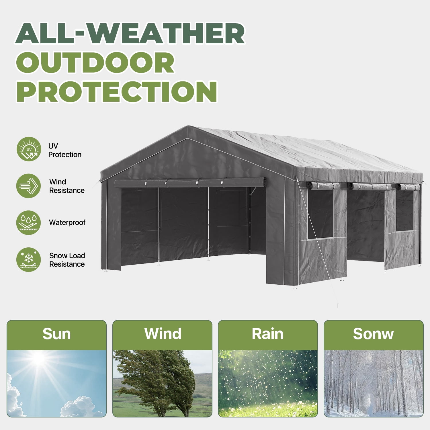 BaPiPro 20x20FT Grey Gable Top Carport, Multifunctional Outdoor Storage Shelter with All-Weather Metal Frame for Patio Vehicle Parking & Outdoor Gear Storage