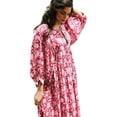 thumbnail image 3 of Womens Loose Fit Casual Summer V Neck Lace-Up Half Sleeve Bohemian Geometric Pattern Midi Dresses Red L, 3 of 9