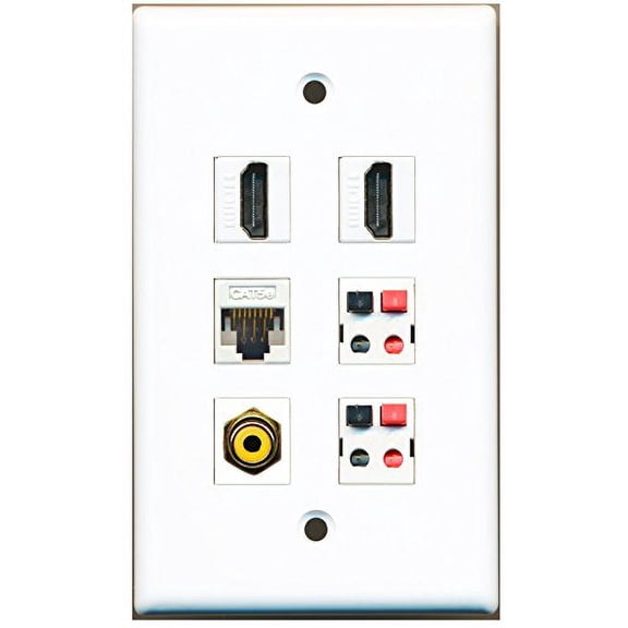 RiteAV - 2 HDMI 1 Port RCA Yellow 1 Port Cat5e Ethernet White 2 Port Speaker Wall Plate