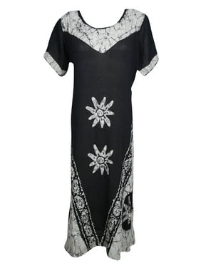 Mogul Womens Loose Caftan Dress Batik Embroidered Short Sleeves Round Neckline Black Rayon Boho Chic Dresses L