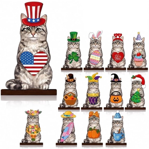 Interchangeable Pet Wooden Decor, Magnetic Seasonal Animal Table Figurine with Swapable Holiday Accessories, Farmhouse Desk & Mantel Decor, Housewarming Gift