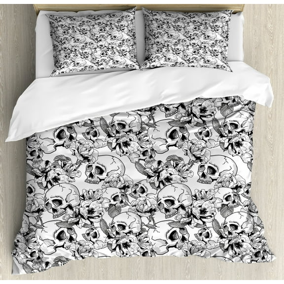Day of the Dead Duvet Cover Set, Celebration Mexican Spanish Sketch Dead Skulls Art Print, Decorative 3 Piece Bedding Set with 2 Pillow Shams, Queen Size, Black and White, by Ambesonne