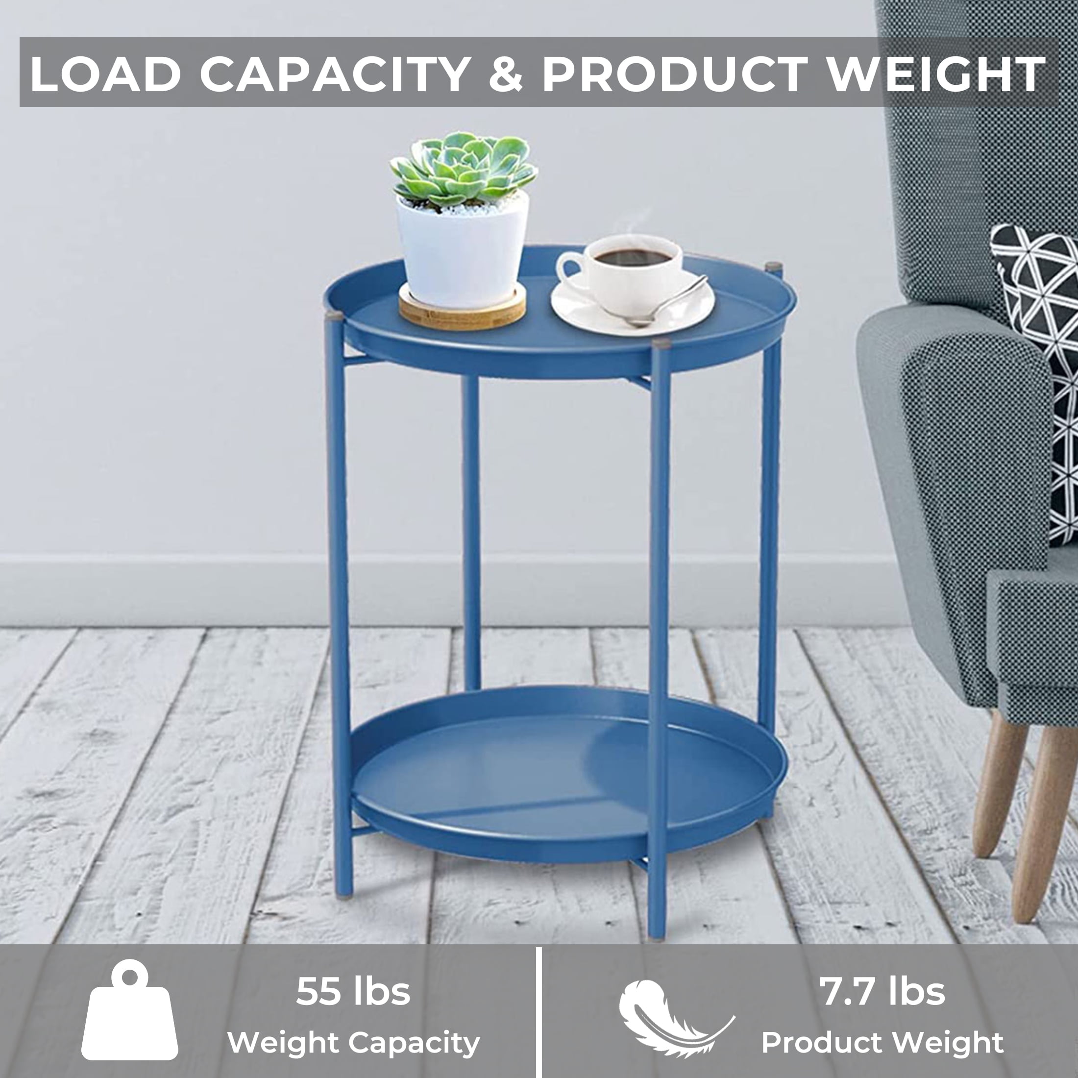Grand Patio Indoor & Outdoor Side Table 2-Tier, Weather-Resistant Steel Round End Table for Porch, Poolside, Bedroom, Living Room, Peacock Blue