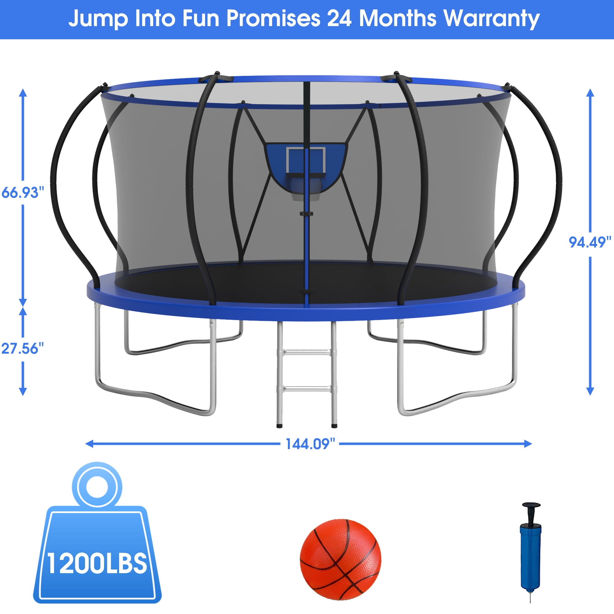 Jump Into Fun Trampoline 12FT 1200LBS,  10FT 14FT 16FT Trampoline for Adults and Kids, Trampoline with Enclosure, Basketball Hoop, LED Lights Sprinkler and More Gifts, Outdoor Pumpkin Trampoline