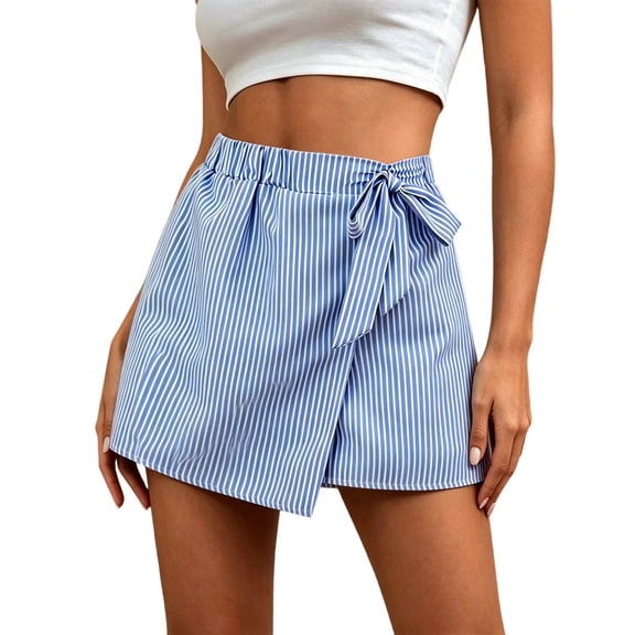 PBFRDSJ Womens Striped Shorts A-Line Wrap Mini Skirt with Side Tie Detail Summer Casual Beach Lounge Loose Fit Skirts
