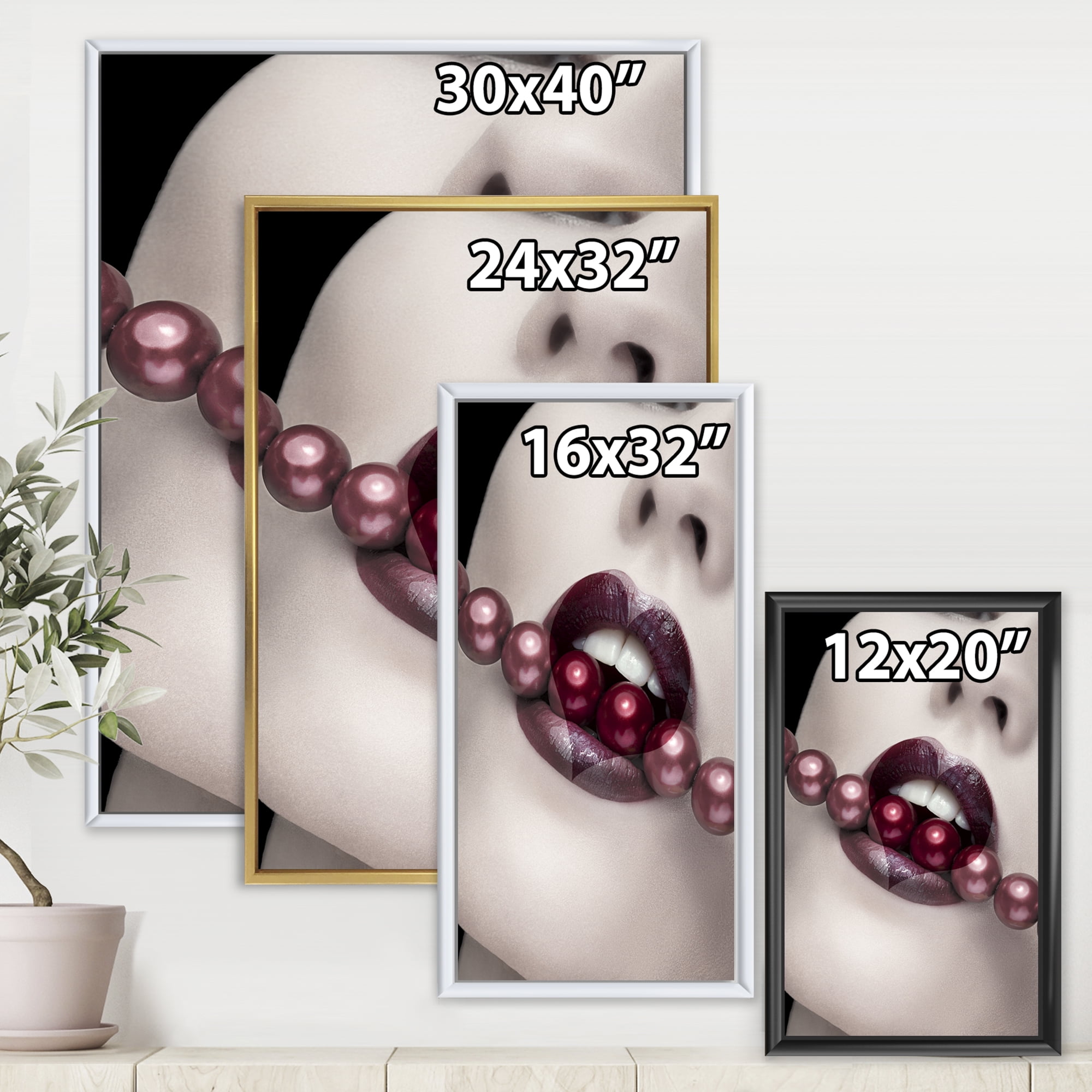 Designart 'Pearls Through Mouth With Heart Shape Lips' Modern Framed Canvas Wall Art Print