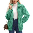 thumbnail image 5 of VISALY Women's Long Sleeve Full Zip Soft Warm Fleece Jacket Stand Up Collared Loose Solid Color Checkered Plush Cardigan Coat Soft Trendy Winter Coat Green M, 5 of 6