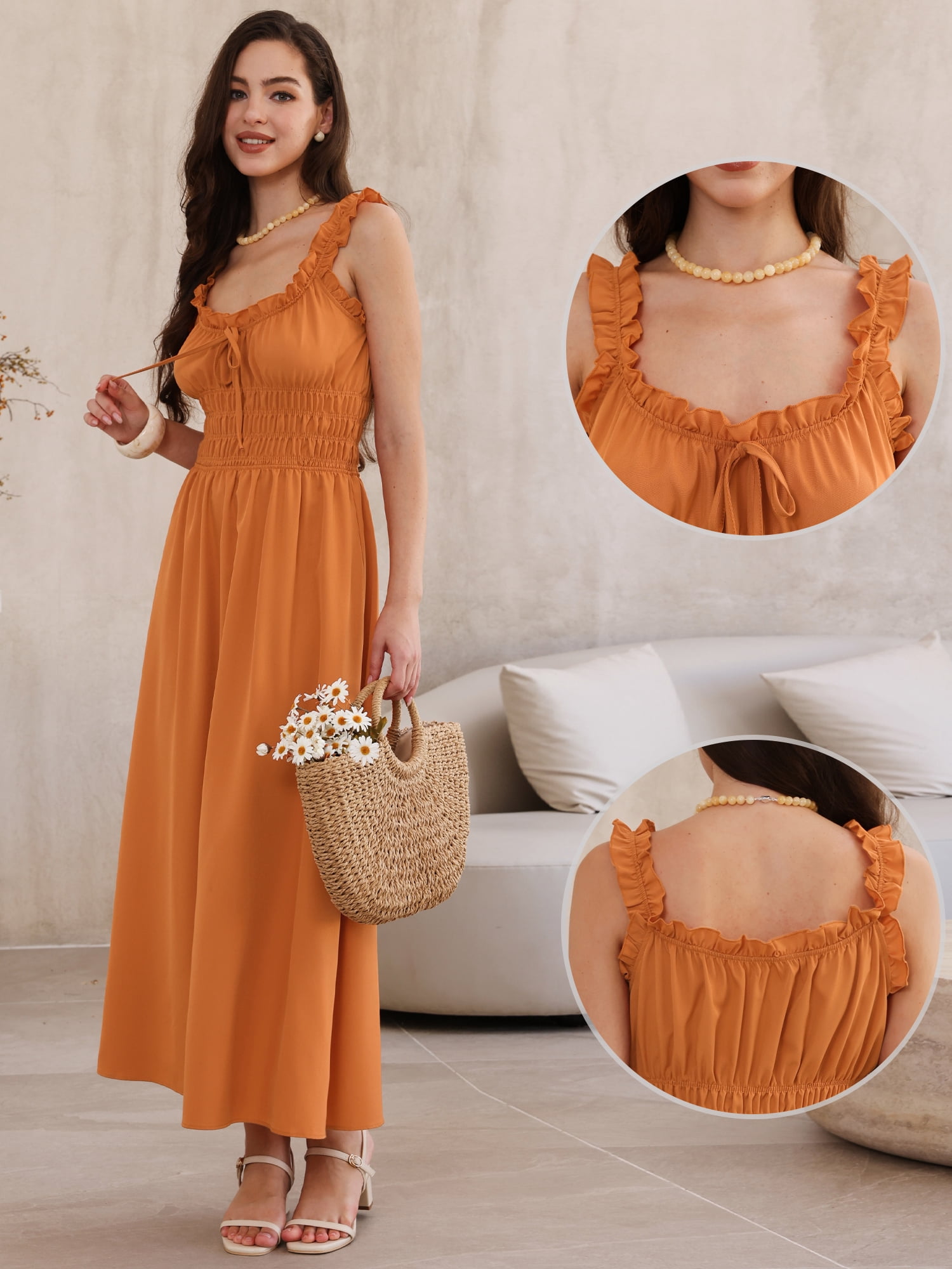DARING DIVA Women's Spaghetti Strap Square Neck A Line Flowy Dress L Orange