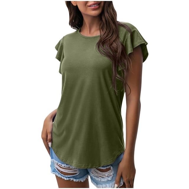 Birdeem Blouse Décontractée pour Femmes, Col Rond, Manches Courtes Bouffantes, Couleur Unie, Coupe Ample