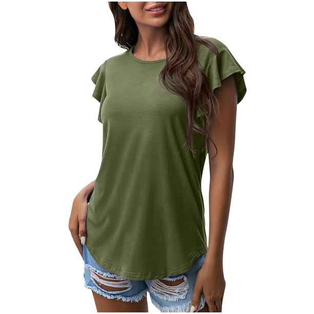 Mujeres Casual cuello redondo manga corta Puff Color sólido pulóver blusa camiseta Tops ajuste holgado OAVQHLG3B Store lin121212