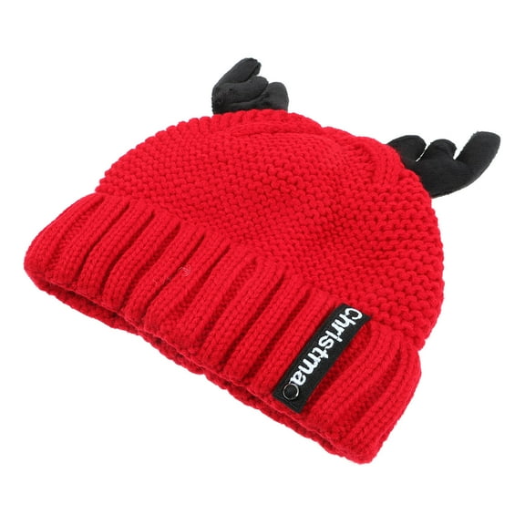 WRITWAA Warm Red Knit Bonnet with Antlers Winter Hat for Festive Holiday Occasions 1 Pack