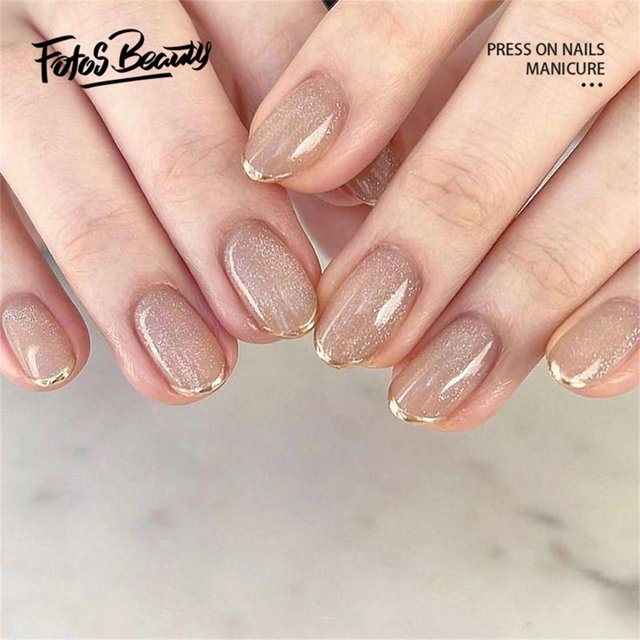 Fofosbeauty 24pcs Press on False Nails, Short Round Fake Nails, Golden French Light Gray