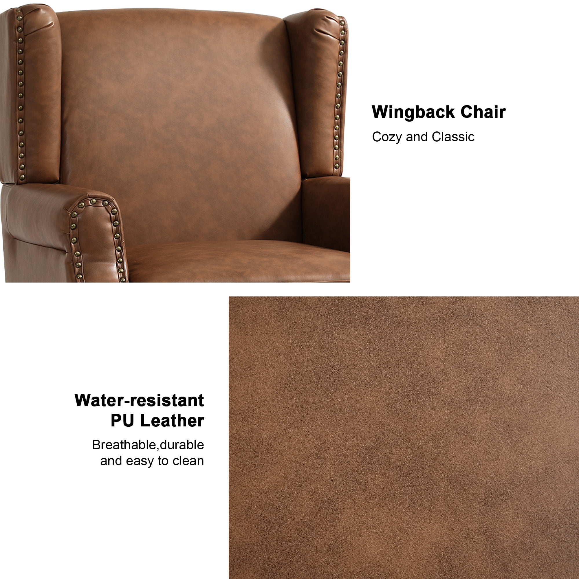 DREAMSIDEA Faux Leather Wingback Accent Chair with Nailhead Trim & Retro Wood Legs,High Back Wing Chair for Living Room-Brown