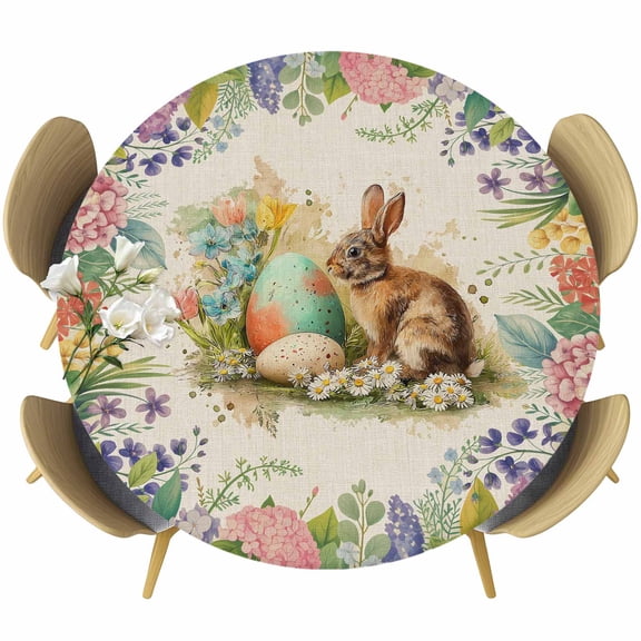 Easter Bunny Round Tablecloth, Fitted Table Cover with Elastic for 55"-60" Round Tables, Spring Floral Blossom Easter Eggs Burlap Table Cloth Outdoor Indoor Dinning Party Waterproof Tablecloths