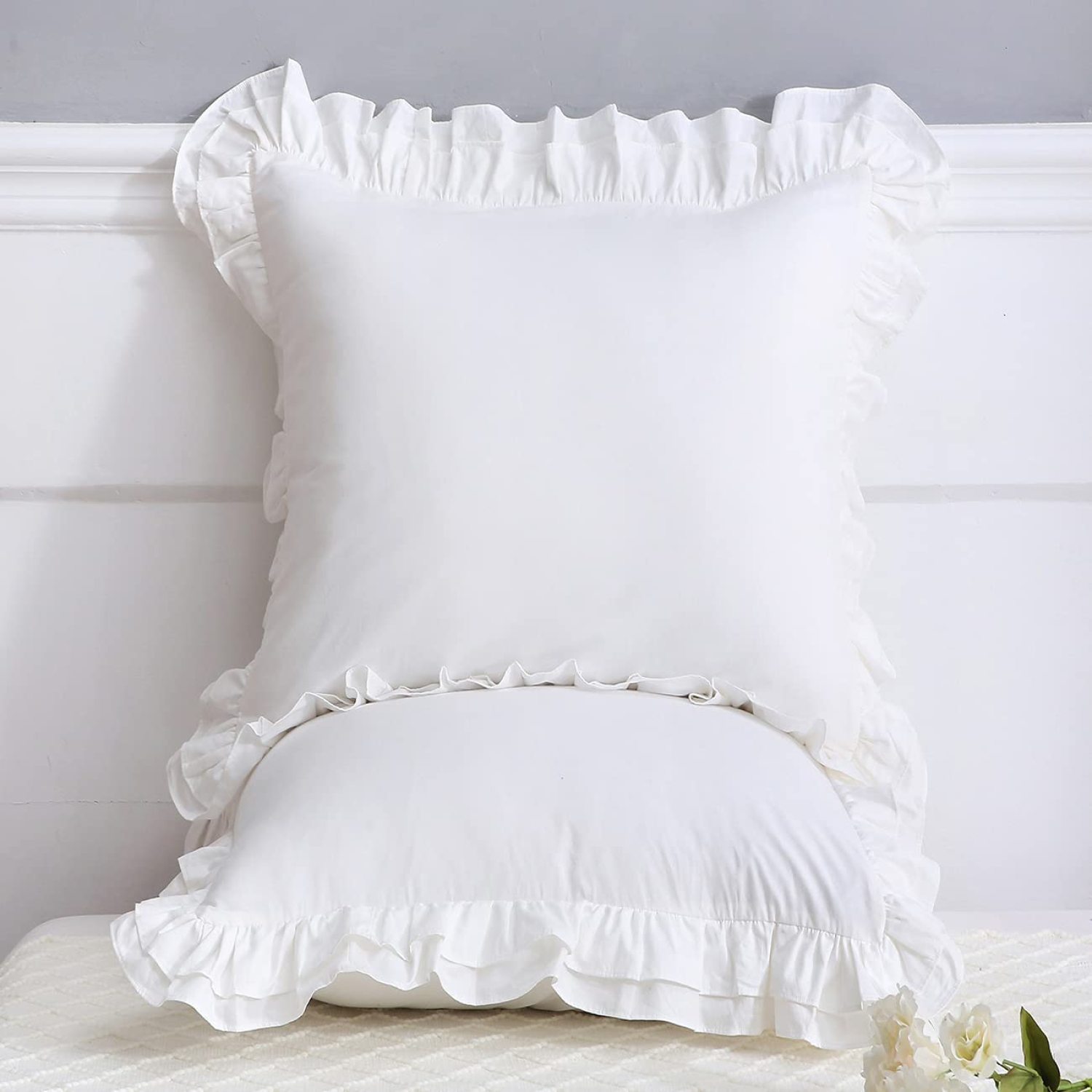 White Ruffle Euro Pillow Shams Set of 2, Cotton Pillow Shams 26x26