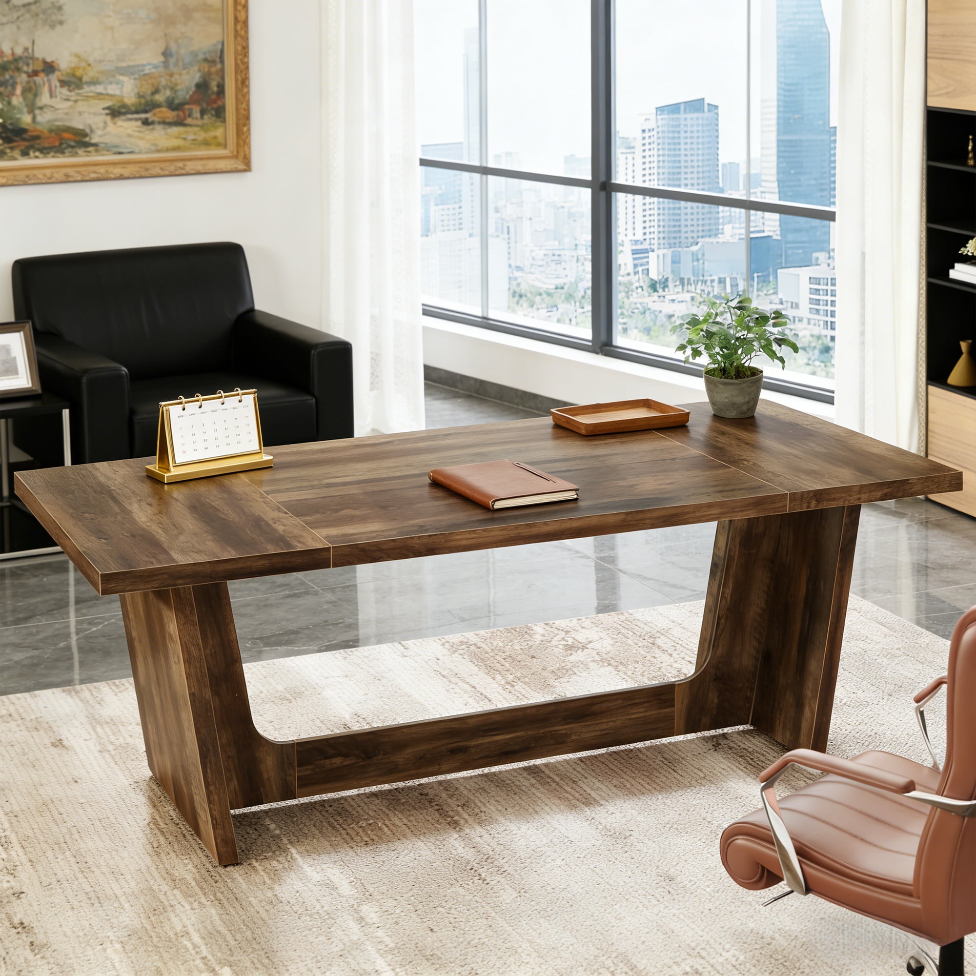 70.87-Inch Executive Computer Desk, Large Home Office Desk With Solid Wooden Pedestal, Industrial Wooden Study Writing Table, Heavy-Duty 330LBS Workstation, Rustic Brown Business Furniture