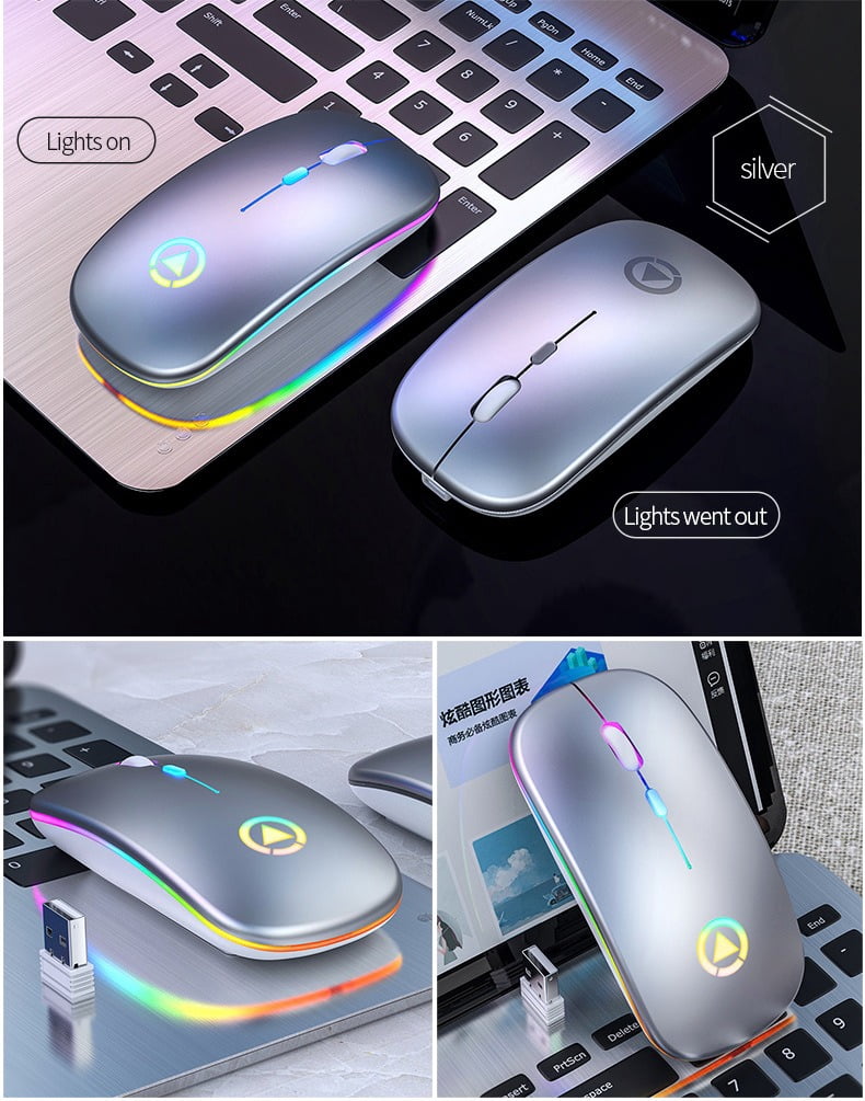 YinDiao A2 Rechargeable Silent Wireless Mouse, Dual Mode Bluetooth & 2.4G, RGB Breathing Light, Ergonomic Quiet Click Mice for Laptop, PC, Computer, Office and Home (Black)