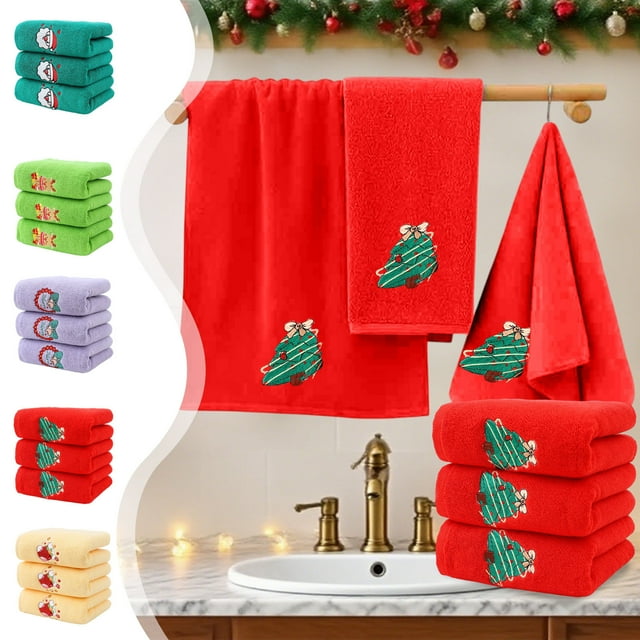 Set de toallas de algodón bordadas de Navidad | Paños de baño multicolor y absorbentes suaves | 3 Piezas | 75x35cm | Decoración festiva del hogar | Ropa de cama cómoda y duradera