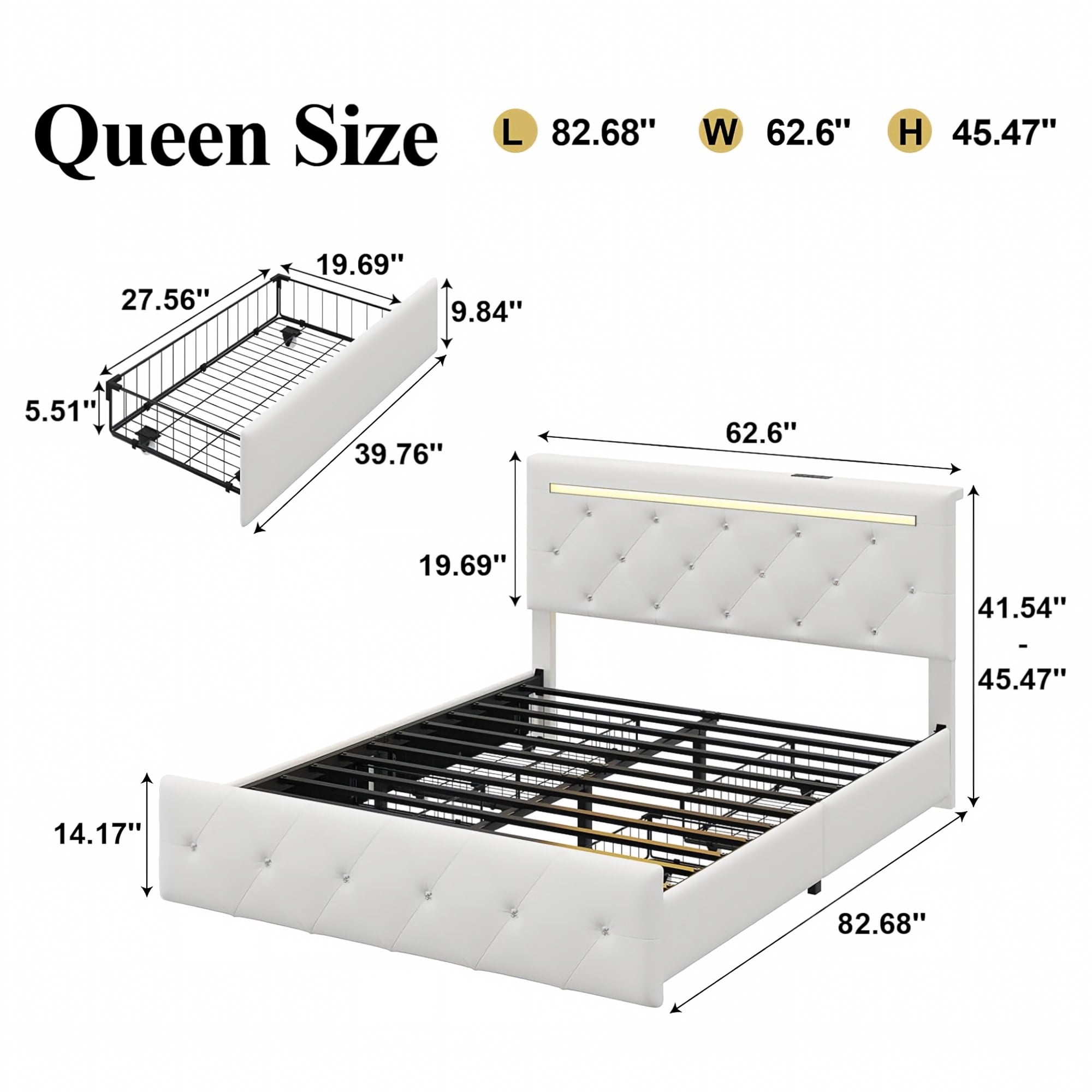 BSHTI Queen Size Faux Leather Upholstered Bed Frame with LED Light, Charging Station, 4 Storage Drawers, Adjustable Headboard for Bedroom(White)