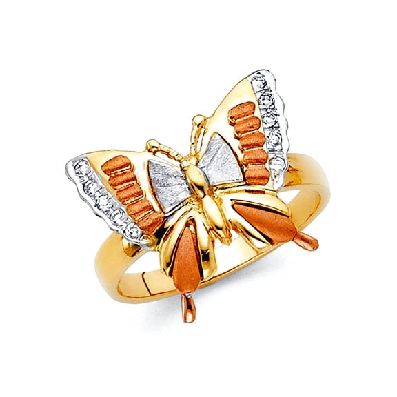 14k Yellow Gold White Gold and Rose Gold Cubic Zirconia Fancy Butterfly Angel Wings Ring Size 7 Ring for Women